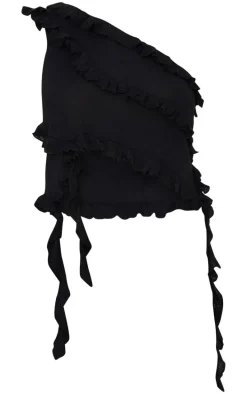 Black Rib Knit Frill Detail Asymmetric Top