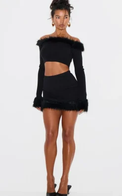 Black Rib Knit Fur Trim Mini Skirt