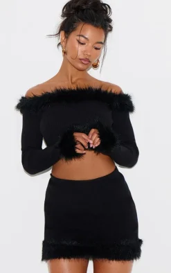 Black Rib Knit Fur Trim Mini Skirt