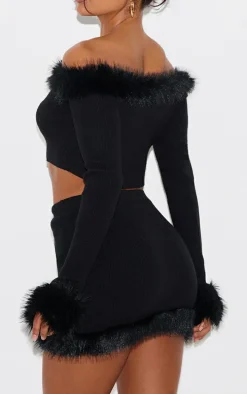 Black Rib Knit Fur Trim Mini Skirt