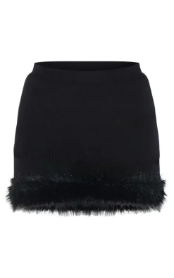 Black Rib Knit Fur Trim Mini Skirt