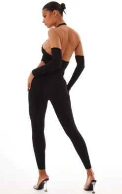 Black Rib Knit Halterneck Cut Out Jumpsuit & Sleeves