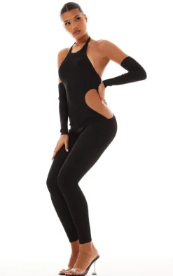Black Rib Knit Halterneck Cut Out Jumpsuit & Sleeves