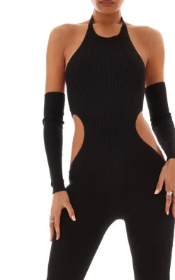 Black Rib Knit Halterneck Cut Out Jumpsuit & Sleeves