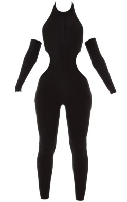 Black Rib Knit Halterneck Cut Out Jumpsuit & Sleeves