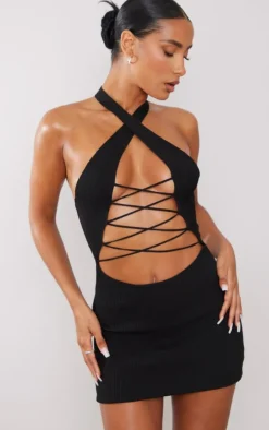 Black Rib Knit Halterneck Lace Front Dress