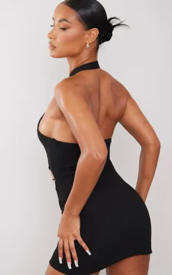 Black Rib Knit Halterneck Lace Front Dress