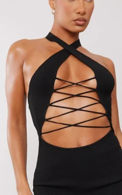 Black Rib Knit Halterneck Lace Front Dress