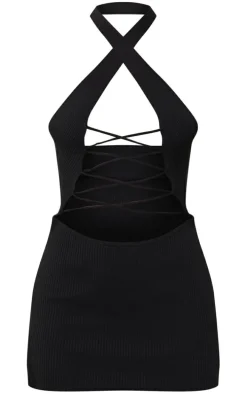 Black Rib Knit Halterneck Lace Front Dress