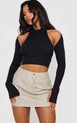 Black Rib Knit High Neck Crop Top With Sleeves
