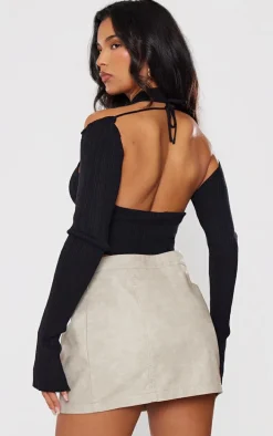 Black Rib Knit High Neck Crop Top With Sleeves