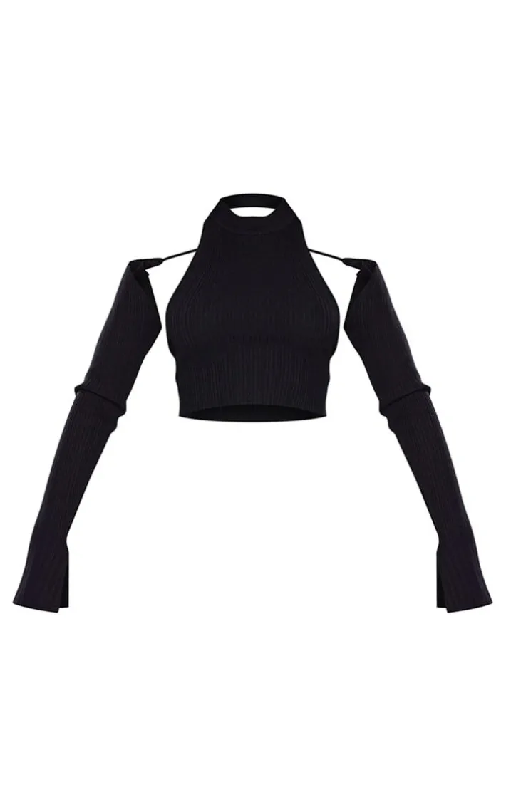 Black Rib Knit High Neck Crop Top With Sleeves