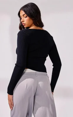 Black Rib Knit O Ring Long Sleeve Top