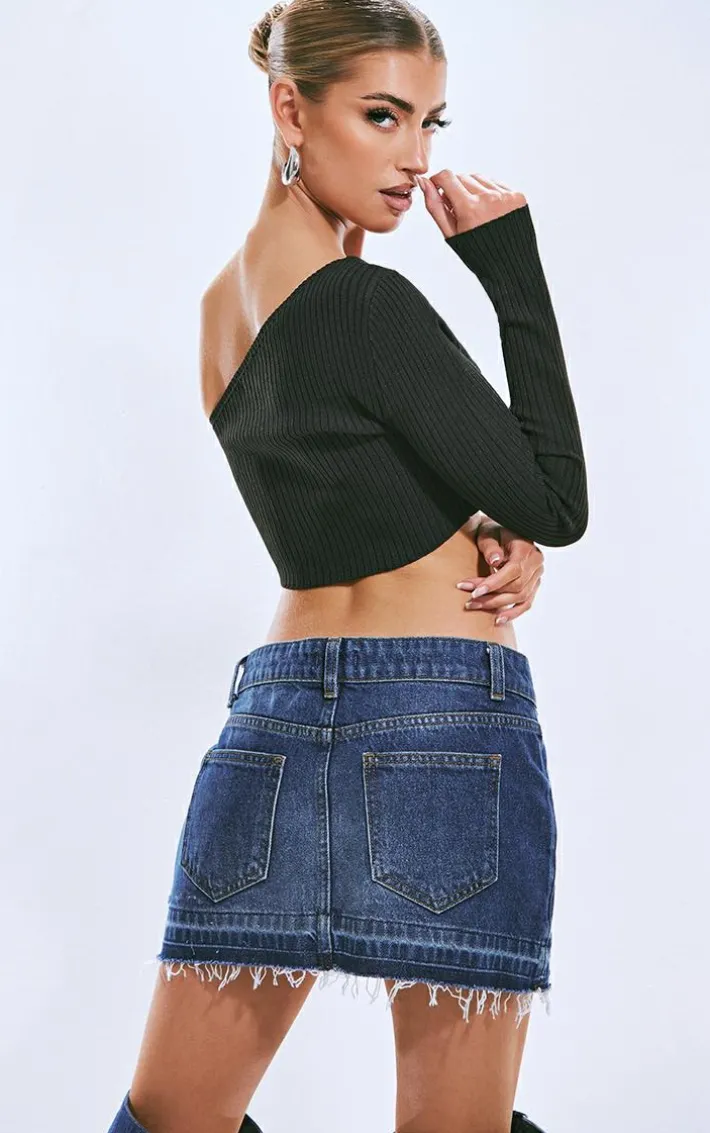 Black Rib Knit One Shoulder Halterneck Top