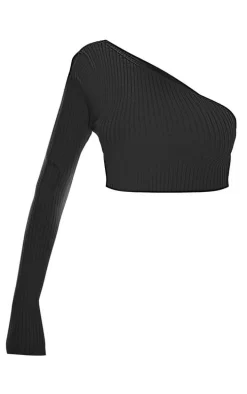 Black Rib Knit One Shoulder Halterneck Top
