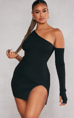 Black Rib Knit One Sleeve Split Mini Dress