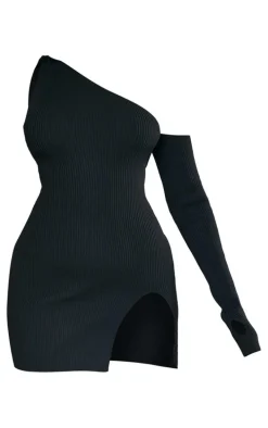 Black Rib Knit One Sleeve Split Mini Dress