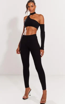 Black Rib Knit One Sleeve Top & Leggings Set