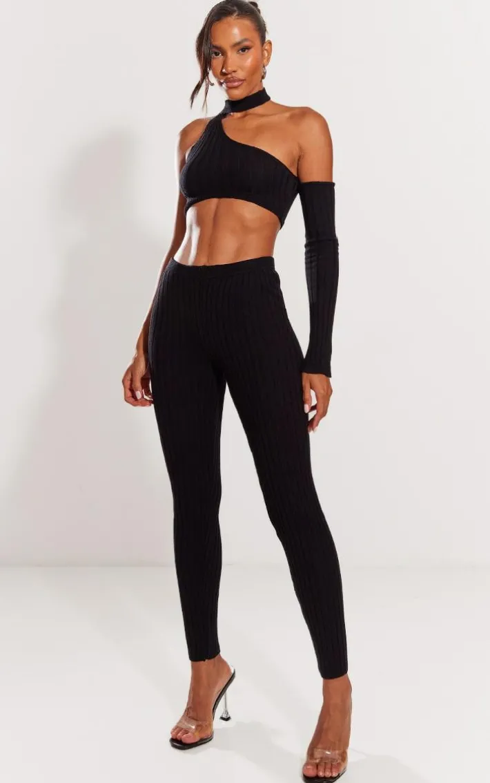 Black Rib Knit One Sleeve Top & Leggings Set