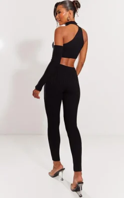 Black Rib Knit One Sleeve Top & Leggings Set