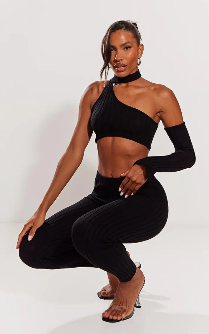 Black Rib Knit One Sleeve Top & Leggings Set