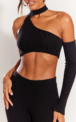 Black Rib Knit One Sleeve Top & Leggings Set