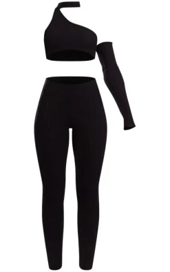 Black Rib Knit One Sleeve Top & Leggings Set