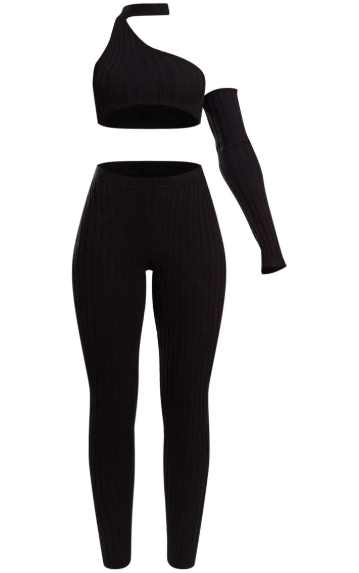 Black Rib Knit One Sleeve Top & Leggings Set