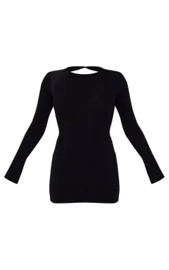 Black Rib Knit Open Back Mini Dress