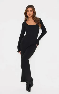 Black Rib Knit Piquet Hem Maxi Dress