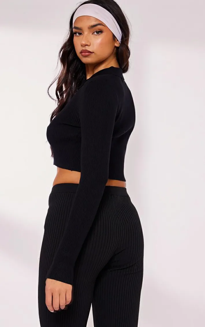 Black Rib Knit Zip Up Cropped Top
