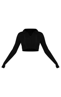 Black Rib Knit Zip Up Cropped Top