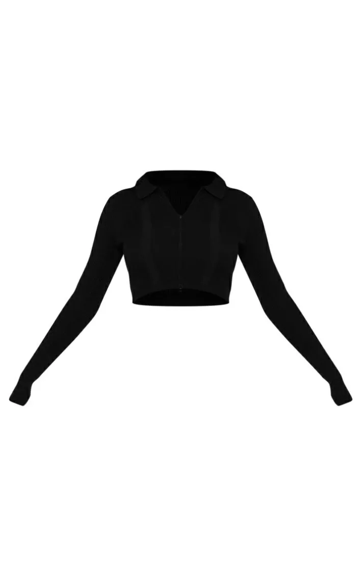 Black Rib Knit Zip Up Cropped Top