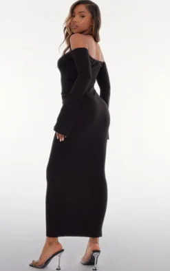 Black Rib Long Sleeve Square Neck Split Leg Maxi Dress