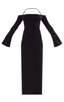 Black Rib Long Sleeve Square Neck Split Leg Maxi Dress