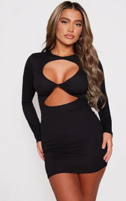 Black Rib Long Sleeve Twist Front Cut Out Mini Dress