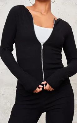 Black Rib Longline Zip Up Top