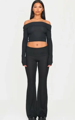 Black Rib Low Rise Foldover Flared Pants