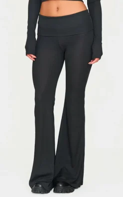 Black Rib Low Rise Foldover Flared Pants