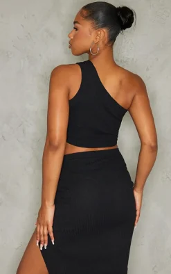 Black Rib One Shoulder Strappy Crop Top