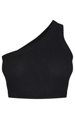 Black Rib One Shoulder Strappy Crop Top