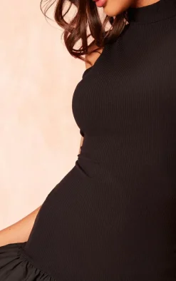 Black Rib Puff Ball Hem Bodycon Dress