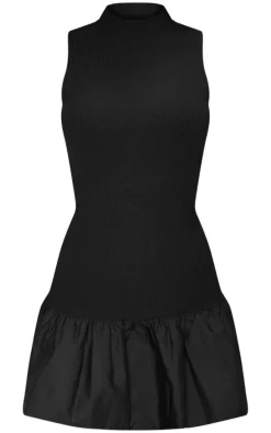 Black Rib Puff Ball Hem Bodycon Dress