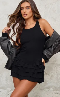Black Rib Racer Neck Rara Romper