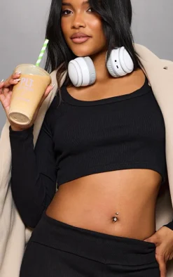 Black Rib Scoop Neck Long Sleeve Crop Top