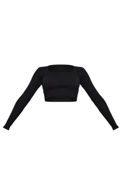 Black Rib Scoop Neck Long Sleeve Crop Top