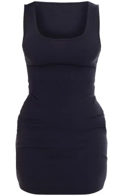 Black Rib Scoop Neck Strappy Bodycon Dress