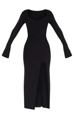 Black Rib Seam Detail Flared Sleeve Maxi Dress