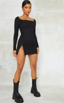 Black Rib Split Hem Square Neck Long Sleeve Bodycon Dress