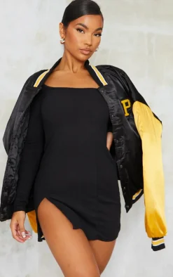 Black Rib Split Hem Square Neck Long Sleeve Bodycon Dress